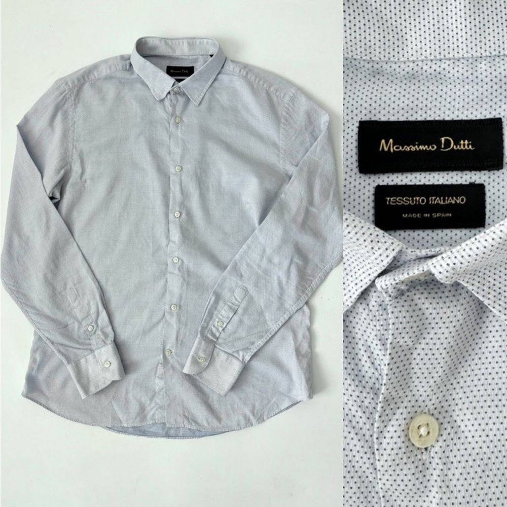 Massimo Dutti Italian Fabric Button Down Shirt Blue Micro Dot USA 17 / EUR 43 XL